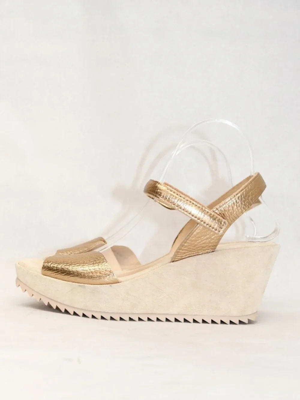 $650 Pedro Garcia FANTINA wedge sandals METALLIC CREAM LEATHER SAWTOOTH 41 (DD2)